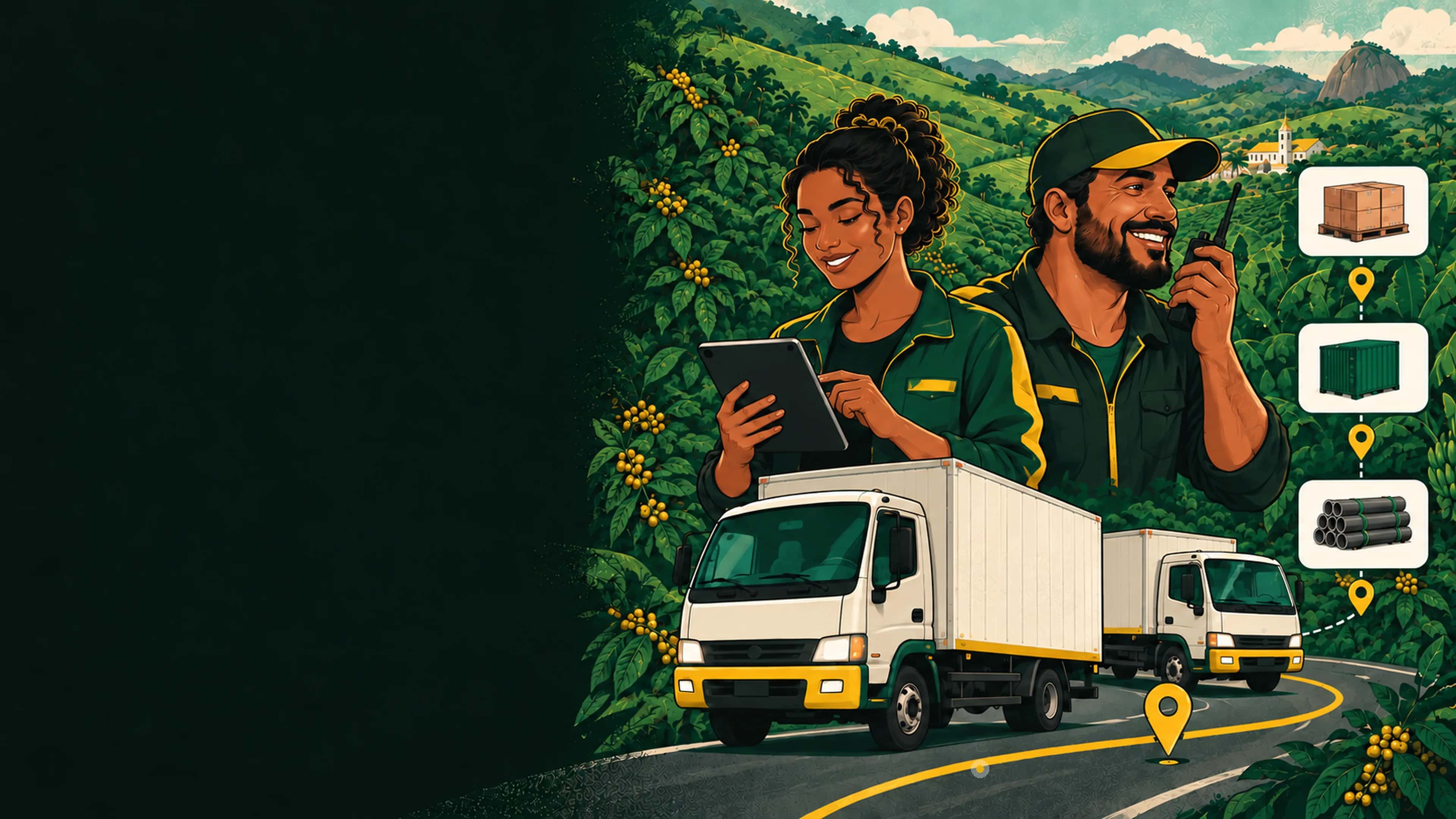 Dois motoristas organizam cargas pelo Brasa, com caminhões na estrada